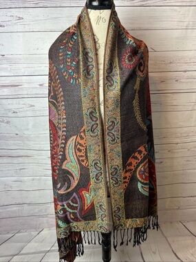 Pashmina Multicolor Paisley 100% Cashmere BOHO Scarf with Fringe